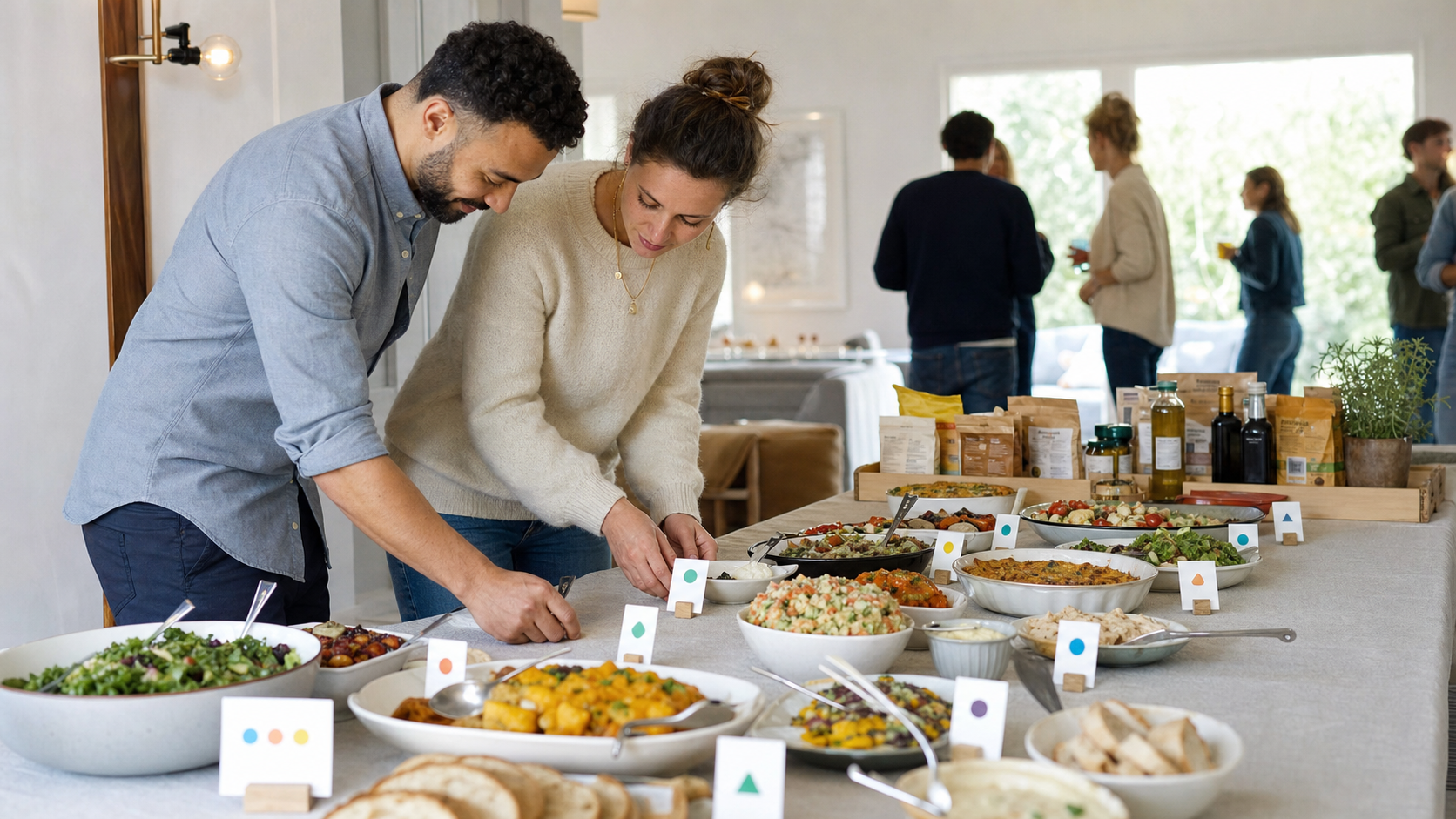 Twee gastheren controleren een gedeeld buffet met kaartjes en aparte opscheplepels