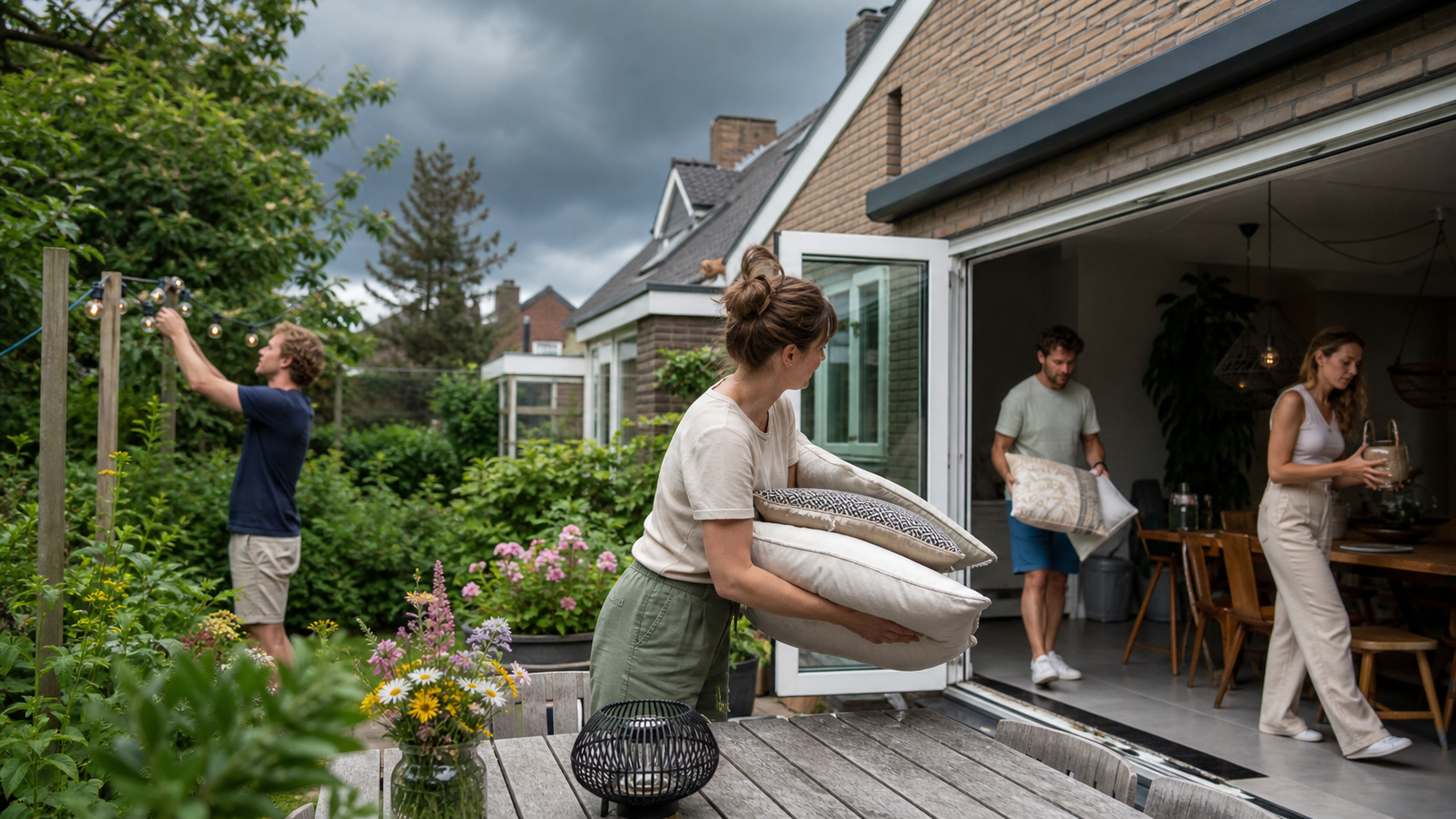 Vrienden brengen kussens en verlichting naar binnen terwijl donkere wolken een tuinfeest naderen