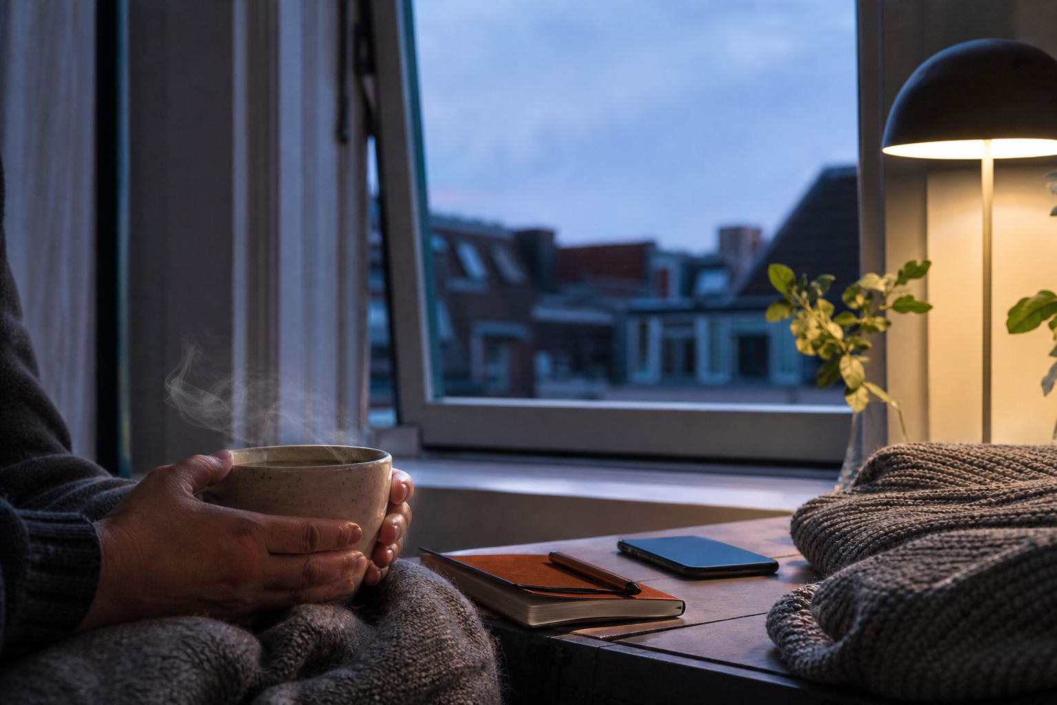 Handen bij een kop thee, een gesloten telefoon en een notitieboek bij het raam