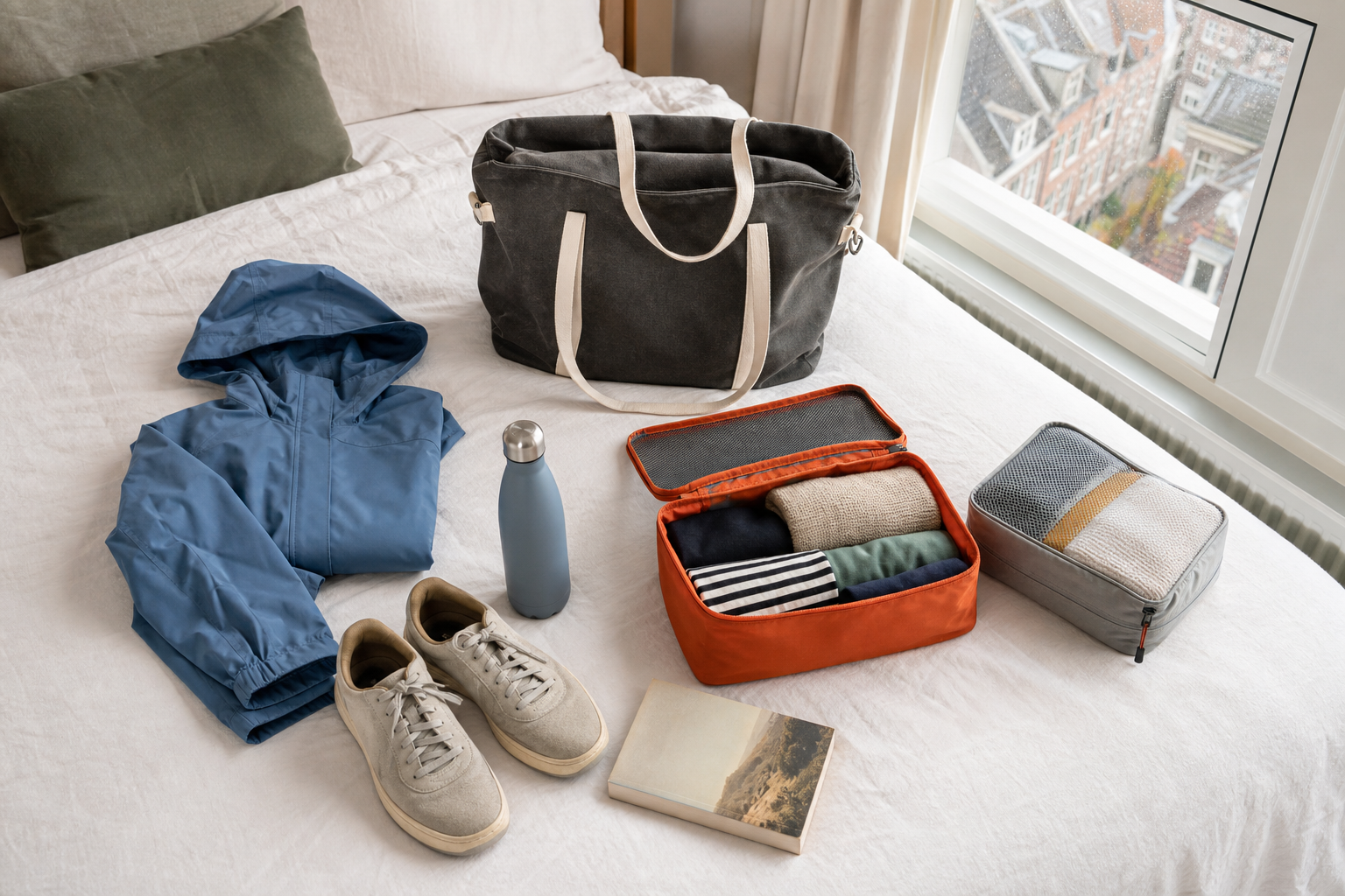 Lichte weekendbagage met kleding, boek en drinkfles op een bed