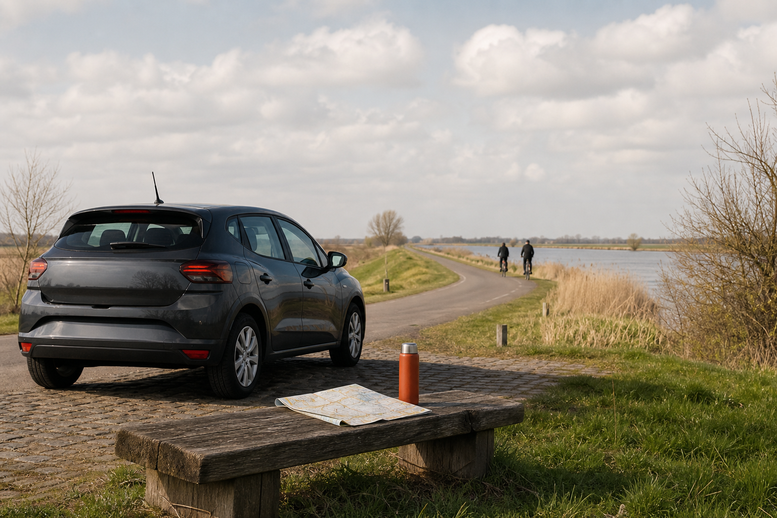 Compacte auto bij een rustige dijk met een thermoskan op een houten bank